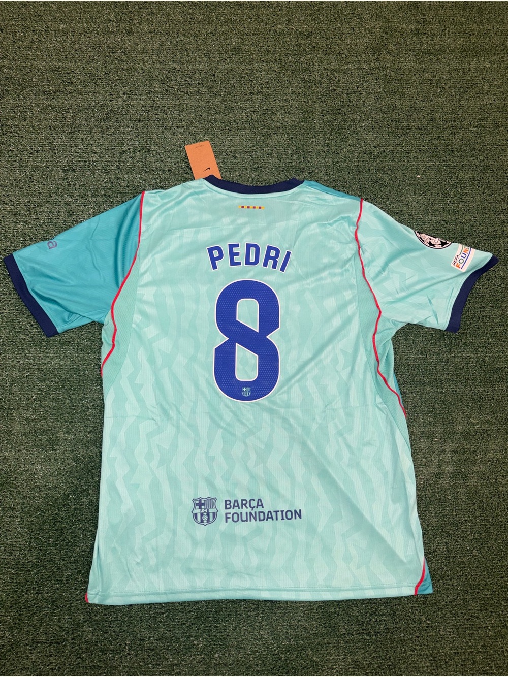 Nike Men's Pedri #8 Light Teal Soccer Jersey with Navy Accents